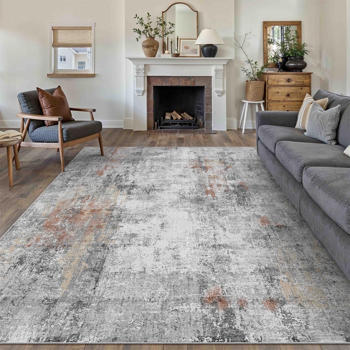 9x12 Washable Area Rug Grey Rust Modern Neutral Abstract Living Room Bedroom Indoor Floor Carpet Low Pile Soft Non-Slip Lightweight Vacuumable Large Throw Rug for Kitchen Dining Room