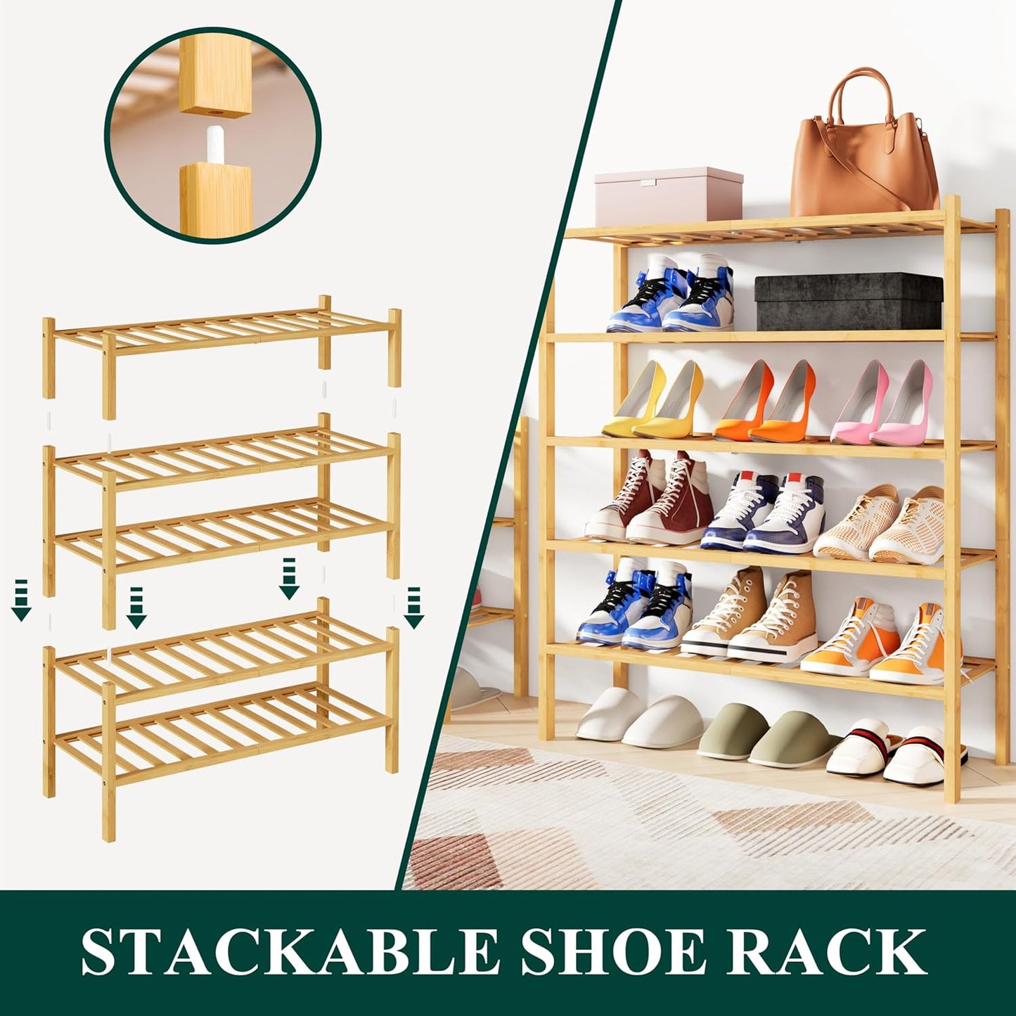 Smiry Shoe Rack, 5 Tier Bamboo Shoe Organizer, Stackable Free Standing Wooden Shoe Storage Shelf for Closet, Entryway, Front Door Entrance, Natural
