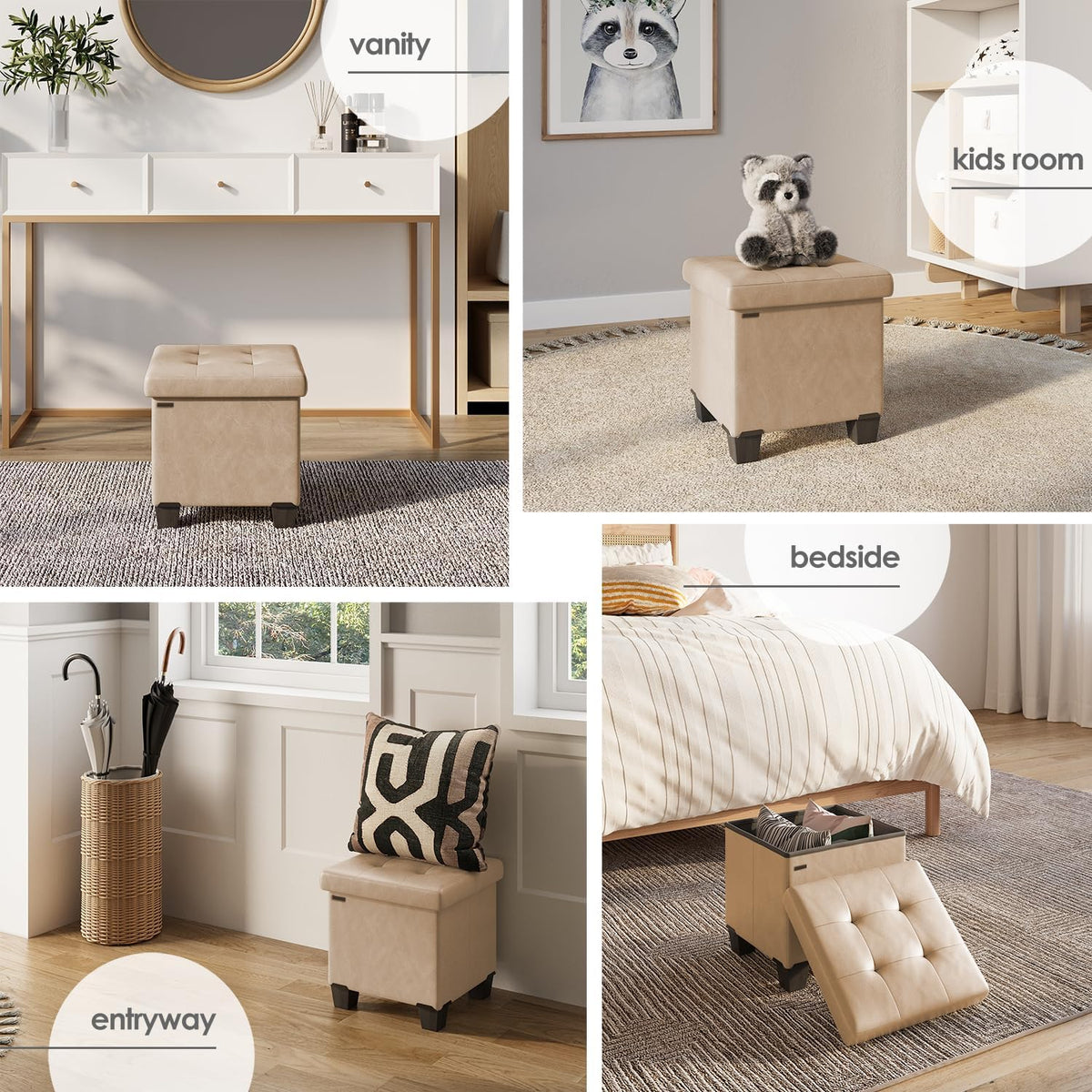 STORAGEBUD Storage Ottoman Cube with Small Bin, 16-in Square Ottoman with Storage for Living Room and Bedroom, Small Ottomans Foot Rest, Faux Leather Foot Stools Ottomans Max 330lbs, Taupe
