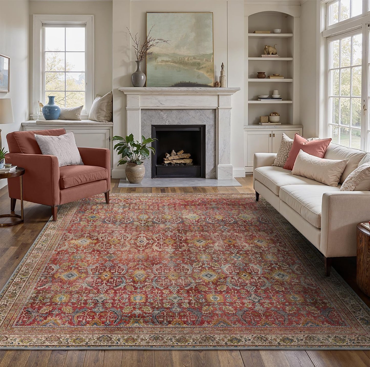 8X10 Area Rugs Machine Washable Rugs for Living Room, Vintage Boho Large Rugs for Bedroom Dining Room, Non Slip Indoor Soft Distressed Lightweight Thin Low Pile Carpet, Rust Red