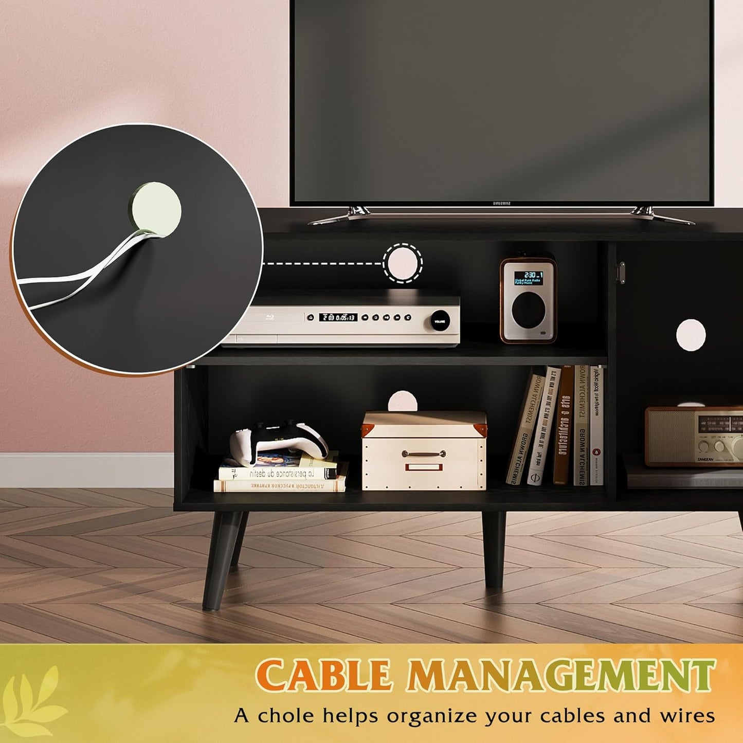 WLIVE TV Stand for 43 Inch TV, Small Entertainment Center with Storage Cabinet & Adjustable Shelves, Mid-Century Modern TV Stands for Living Room and Bedroom, 32" TV Console, Black