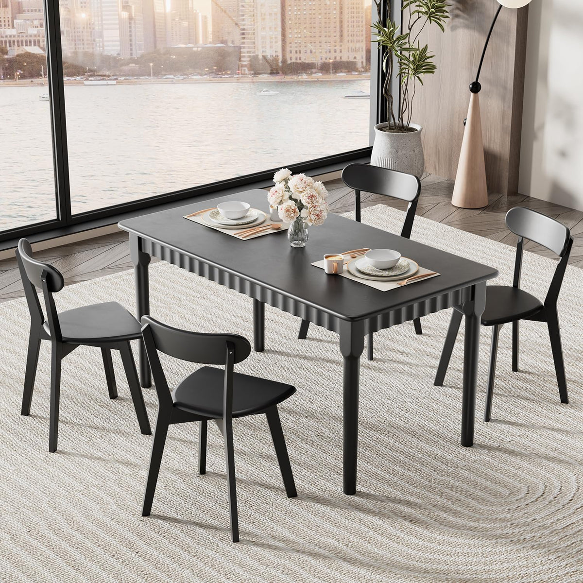 59 Inch Solid Wood Dining Table for 4-6, Farmhouse Kitchen Table with Large Tabletop, Mid Century Modern Table for Dining Room, Living Room, Kitchen, Easy Assembly, Black
