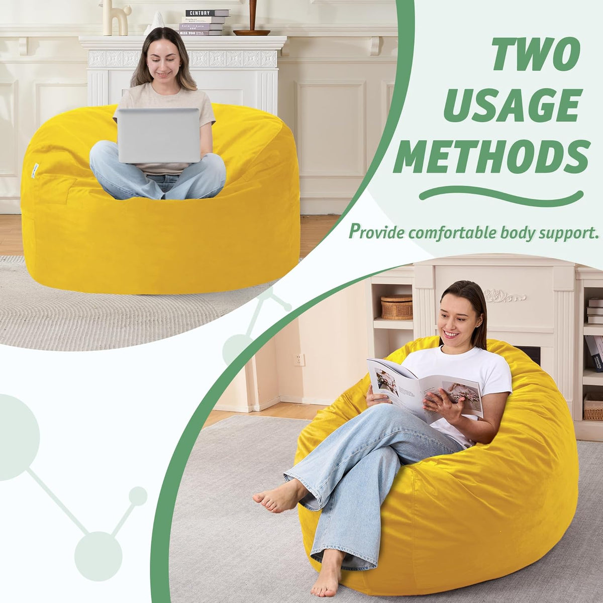 3FT Bean Bag Chair with Ultra Soft Velvet Cover Bean Bag Sofa with Memory Foam Bean Bag Chairs with Large Size Lazy Sofa for Dorm Office Living Room Bedroom Yellow 3'
