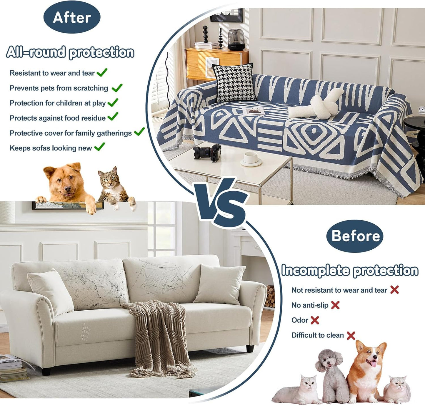 HANDONTIME Boho Couch Covers for Sofa Chenille Sofa Covers Denim Blue Sofa Cover Blanket Sectional Sofa Cover Geometric Reversible Couch Cover for L Shaped Couch Couch Protector for Dogs, 71" X150"