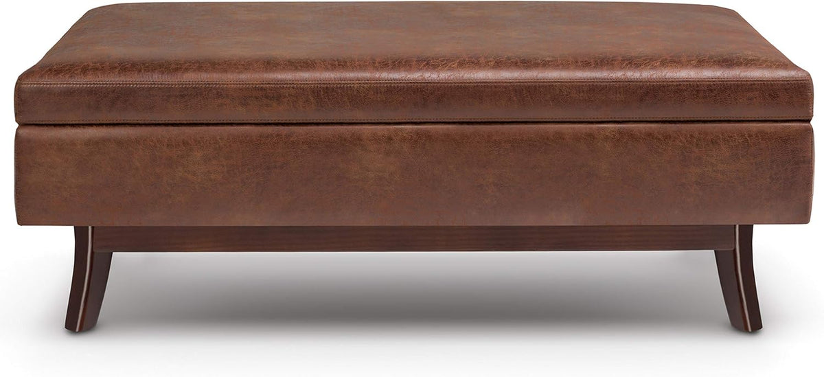 SIMPLIHOME Owen 48 inch Wide Mid Century Modern Rectangle Rectangular Storage Ottoman in Distressed Saddle Brown Vegan Faux Leather, Assembled, for the Living Room, Entryway and Family Room