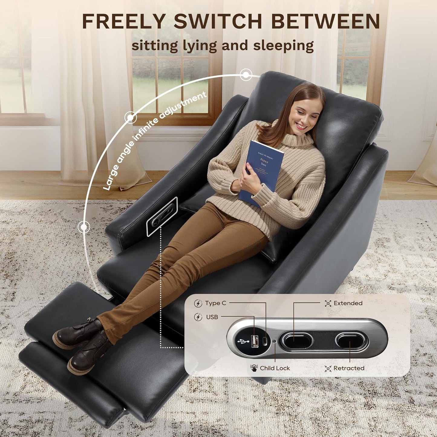 COLAMY Pushback Electric Recliner Chair, Premium Leather Upholstery with Adjustable Angles, Extra Lumbar Pillow, Built-in Charging Port, Business-Casual Style for Living Room（Black