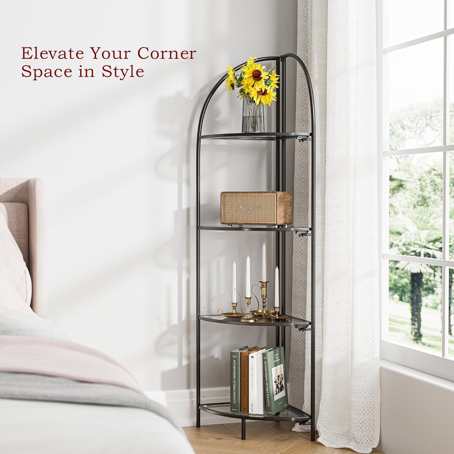 Crofy Foldable 4 Tier Corner Shelf, Metal Corner Plant Stand with Black Frame and Transparent Shelves, Corner Display Rack Multipurpose Shelving Unit for Living Room, Bedroom, Bathroom