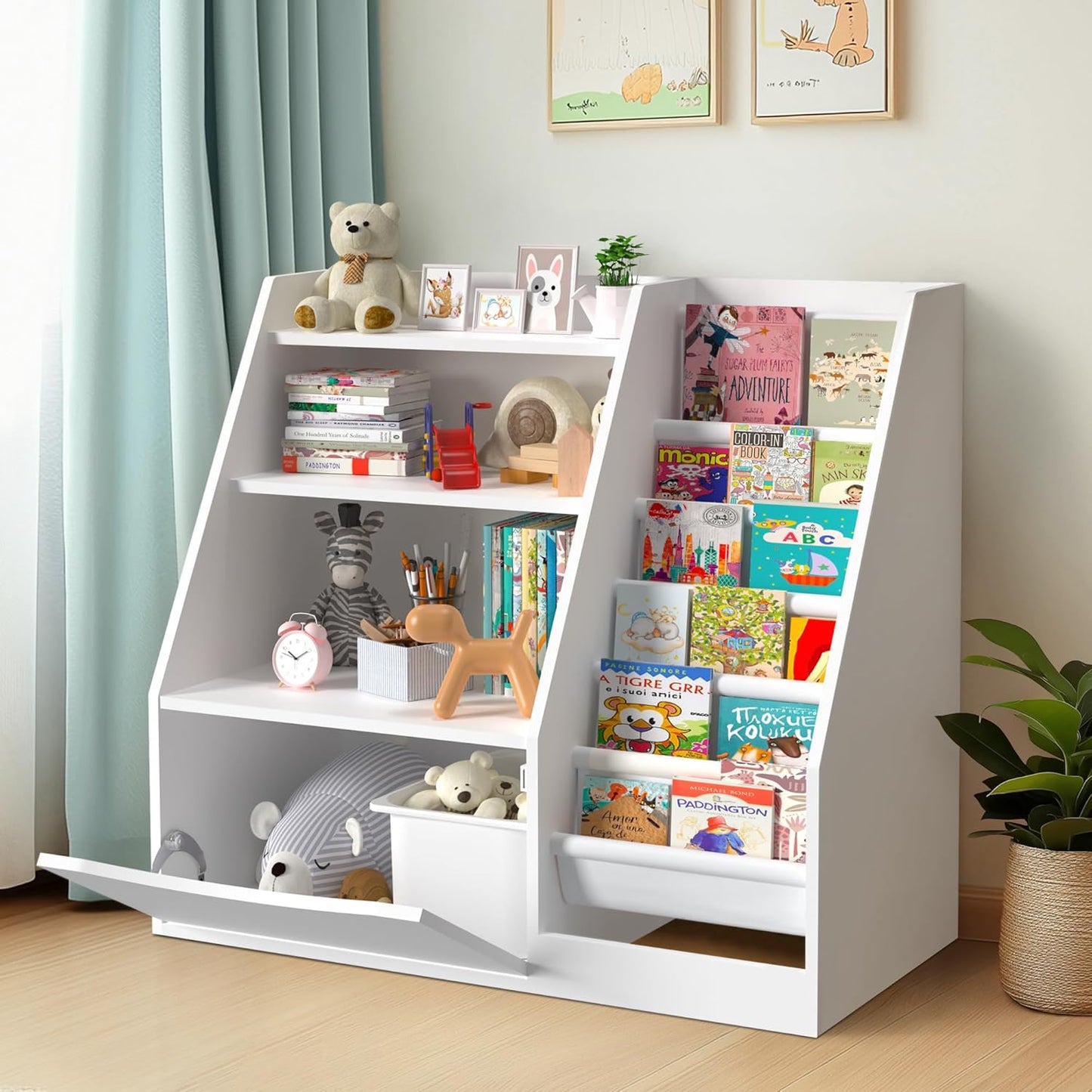 TOETOL Kids Bookshelf & Book Storage,3 Tier Wooden Toddler Bookshelf for Children,Nursery Book Shelves with 6 Sling,Organizer & Book Shelf for Kids Rooms,Bedroom,Playroom White