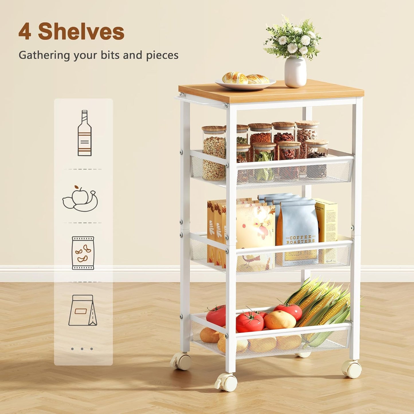 Hoctieon Rolling Storage Cart, 4-Tier Wide Panel Rolling Kitchen Storage Cart, Utility Cart with Handle & Wheels, Mobile Shelving Unit, Metal Frame Narrow Cart for Home Kitchen, Laundry, Oak Beige