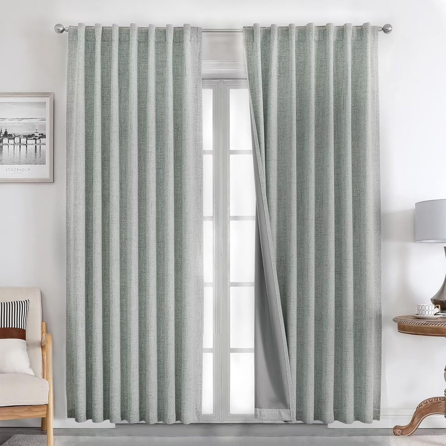 Joydeco Natural Linen Curtains 120 inch Length 2 Panels Set Burg 100% Blackout Patio Door Curtain Room Darkening Sliding Door Curtains Thermal Insulated Back tab Rod Pocket(105x120 inch, Sage Green)