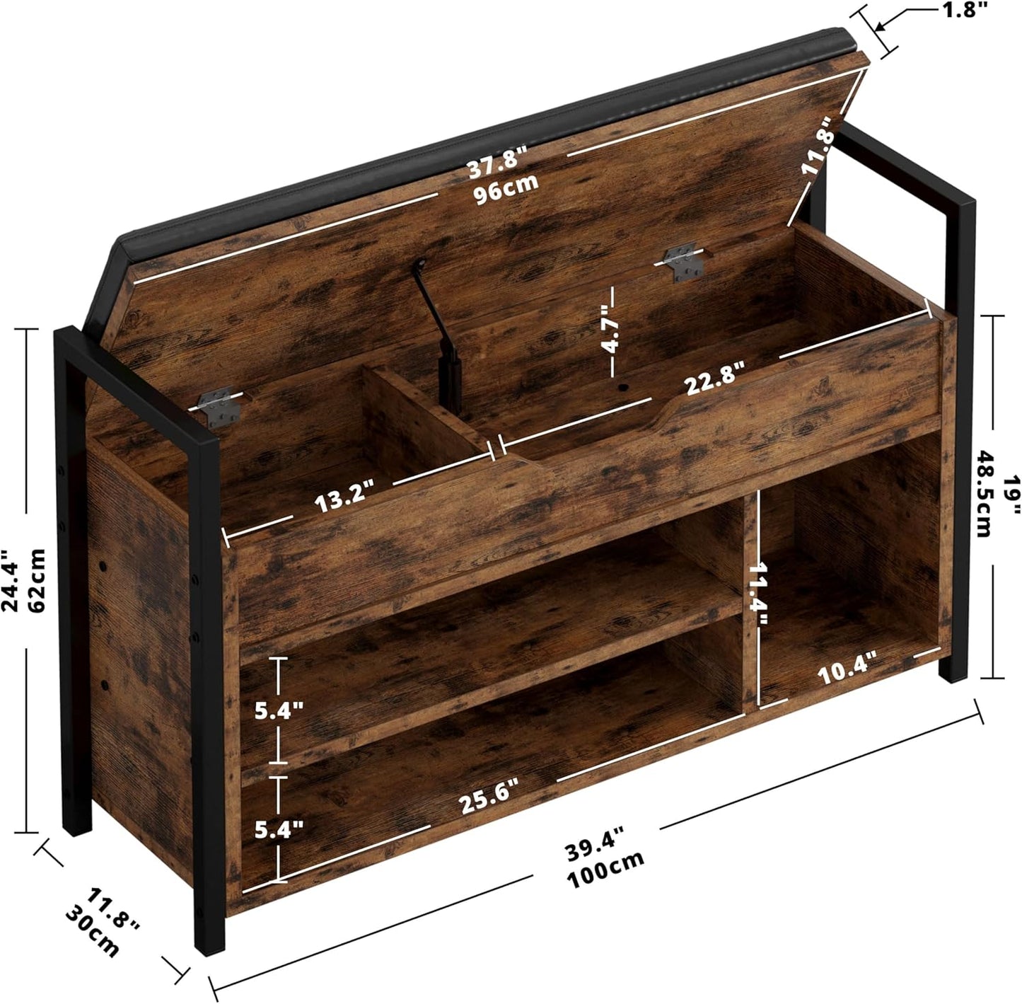 IRONCK Shoe Storage Bench, Entryway Bench with Lift Top Storage Box, Metal and Board Bench for Entryway, Two Tier Shoe Rack Organizer for Entryway, Hallway, Industrial, Vintage Brown
