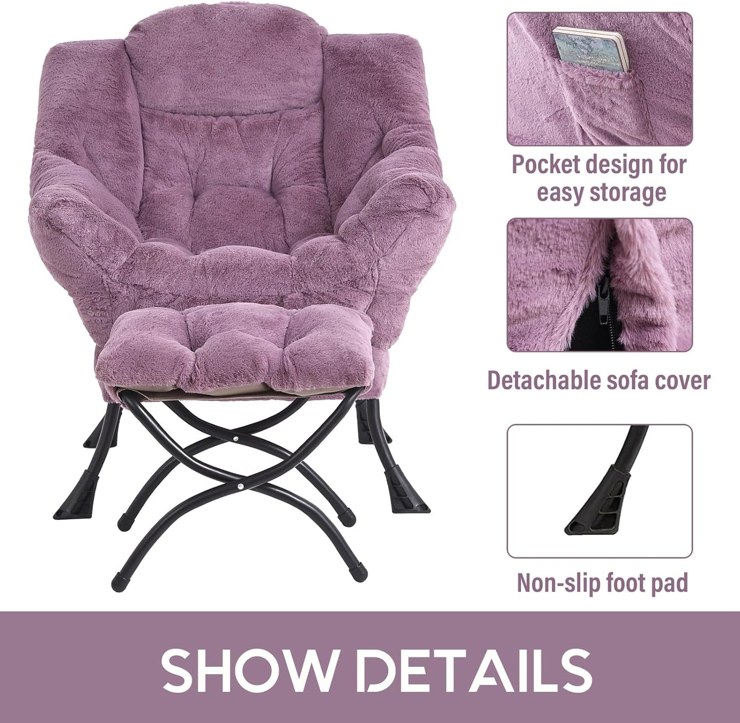 LITA Lazy Chair with Ottoman, Modern Accent Leisure Upholstered Sofa Chair, Lounge Reading Chair with Armrests and a Side Pocket for Living Room, Bedroom & Small Space
