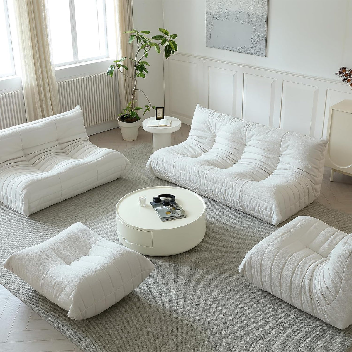 Luxury Sofa Couch Chair, Lazy Floor Seating, Fireside Bean Bag Chair, Ergonomic Tatami Sofa Lounger for Living Room, Bedroom, Office, Loveseat, White