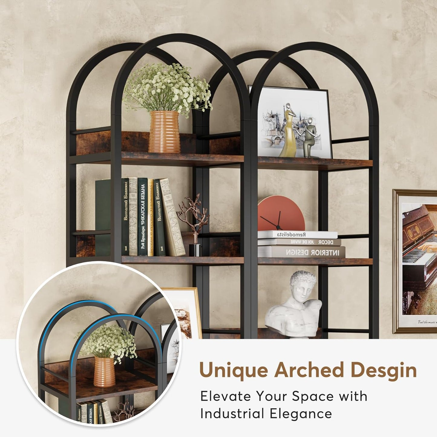 Tribesigns 6-Tier Open Bookshelf, 78.7" Tall Arched Bookcase Narrow Bookshelf with Metal Frame, Freestanding Corner Bookcase Display Shelves for Living Room, Home Office, Rustic Brown