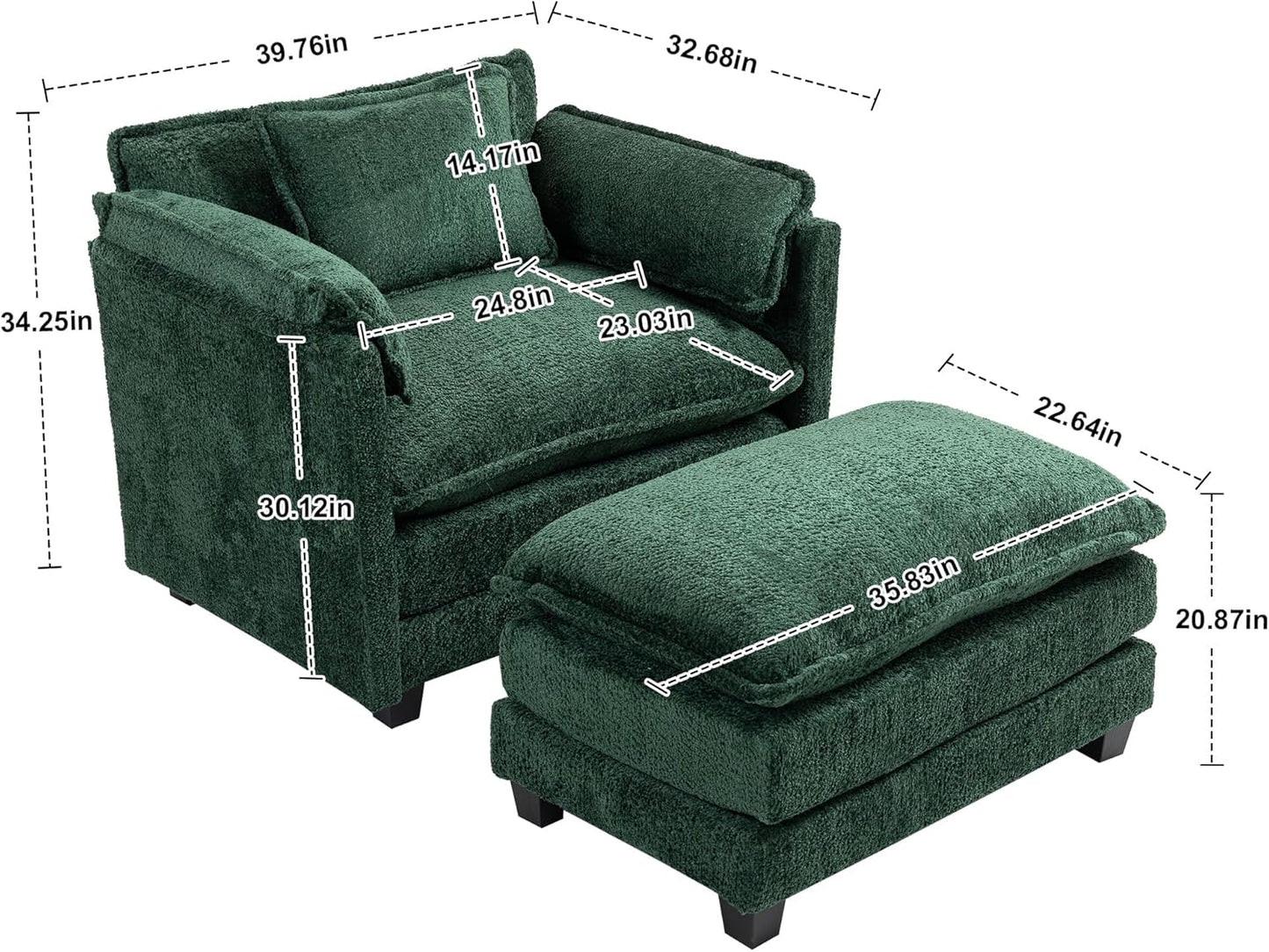Furniliving Oversized Accent Chairs with Ottoman, Luxury Boucle Single Sofa, Upholstered Deep Seat Chaise Lounge with Pillows for Living Room, Bedroom, Apartment, Green