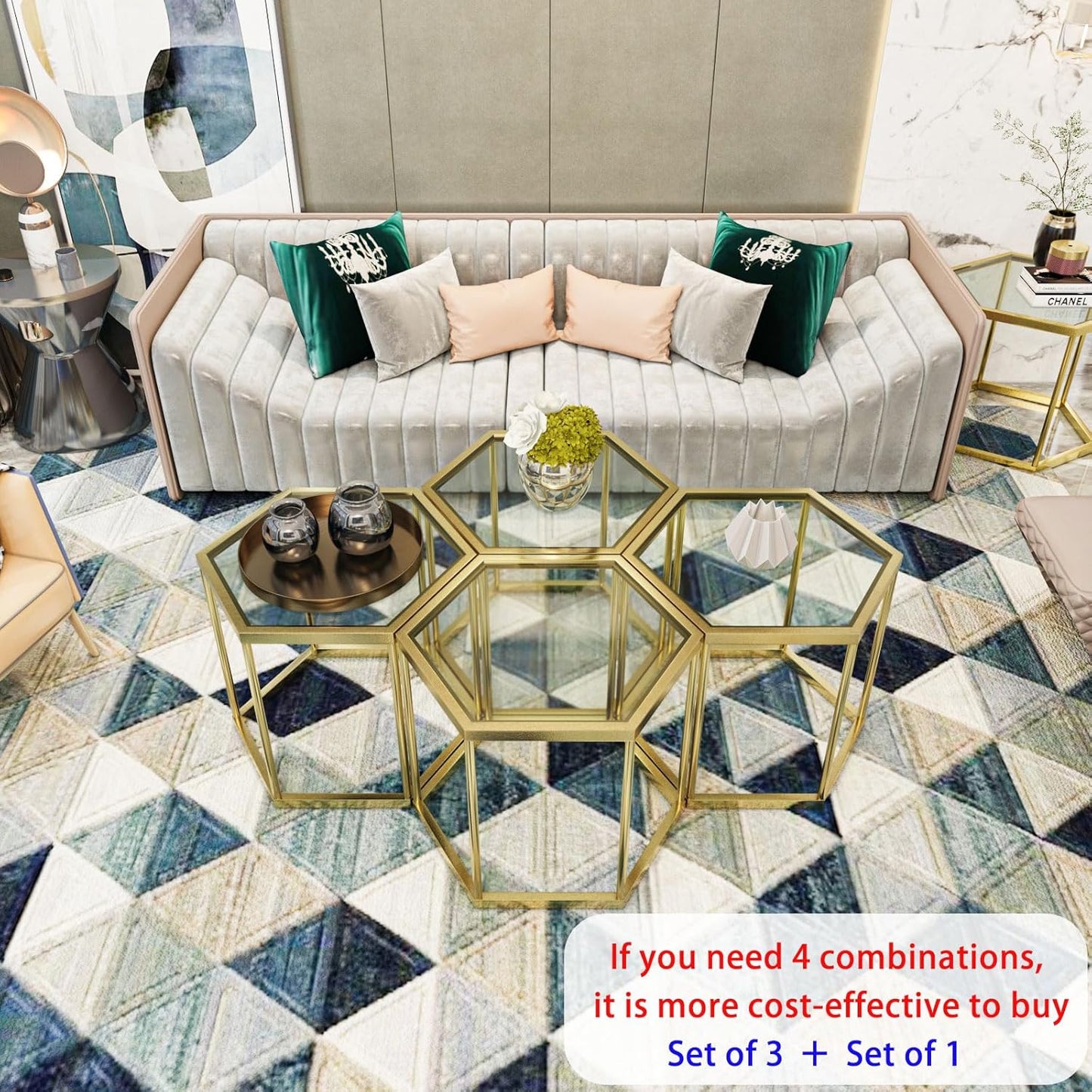 Gold Glass Coffee Table Modern Glass Center Table, Hexagon Free Combination Coffee Table Small End Tables for Living Room Set of 3