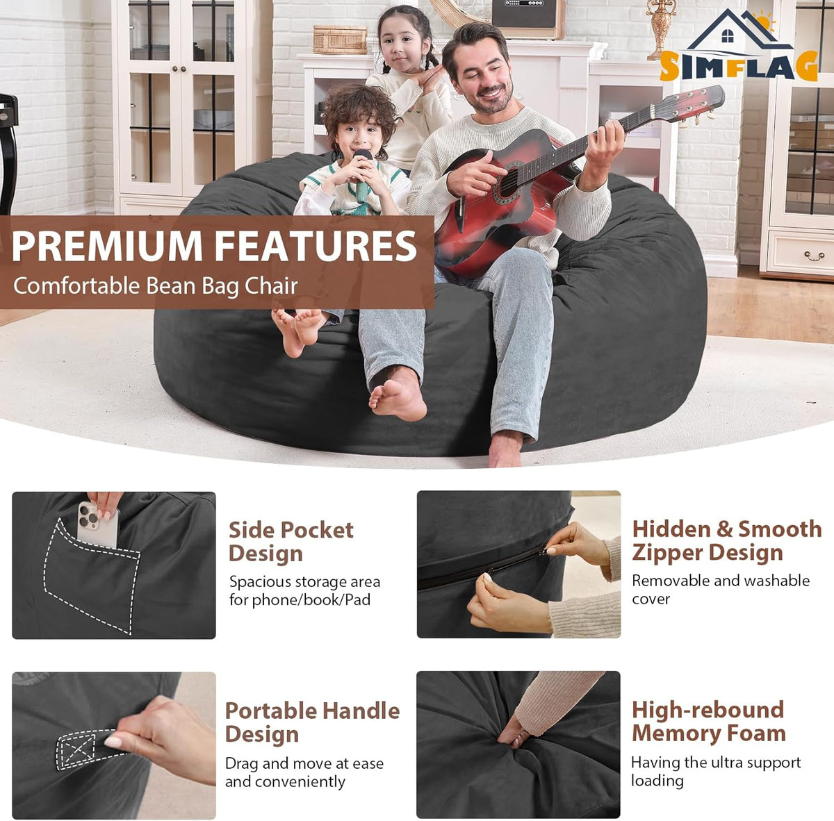 4FT Bean Bag Chair, Large Bean Bag Chairs with Memory Foam Filled, Fluffy Beanbag Sofa with Dutch Velvet Cover, Round BeanBag Chairs for Living Room, Playroom - Grey