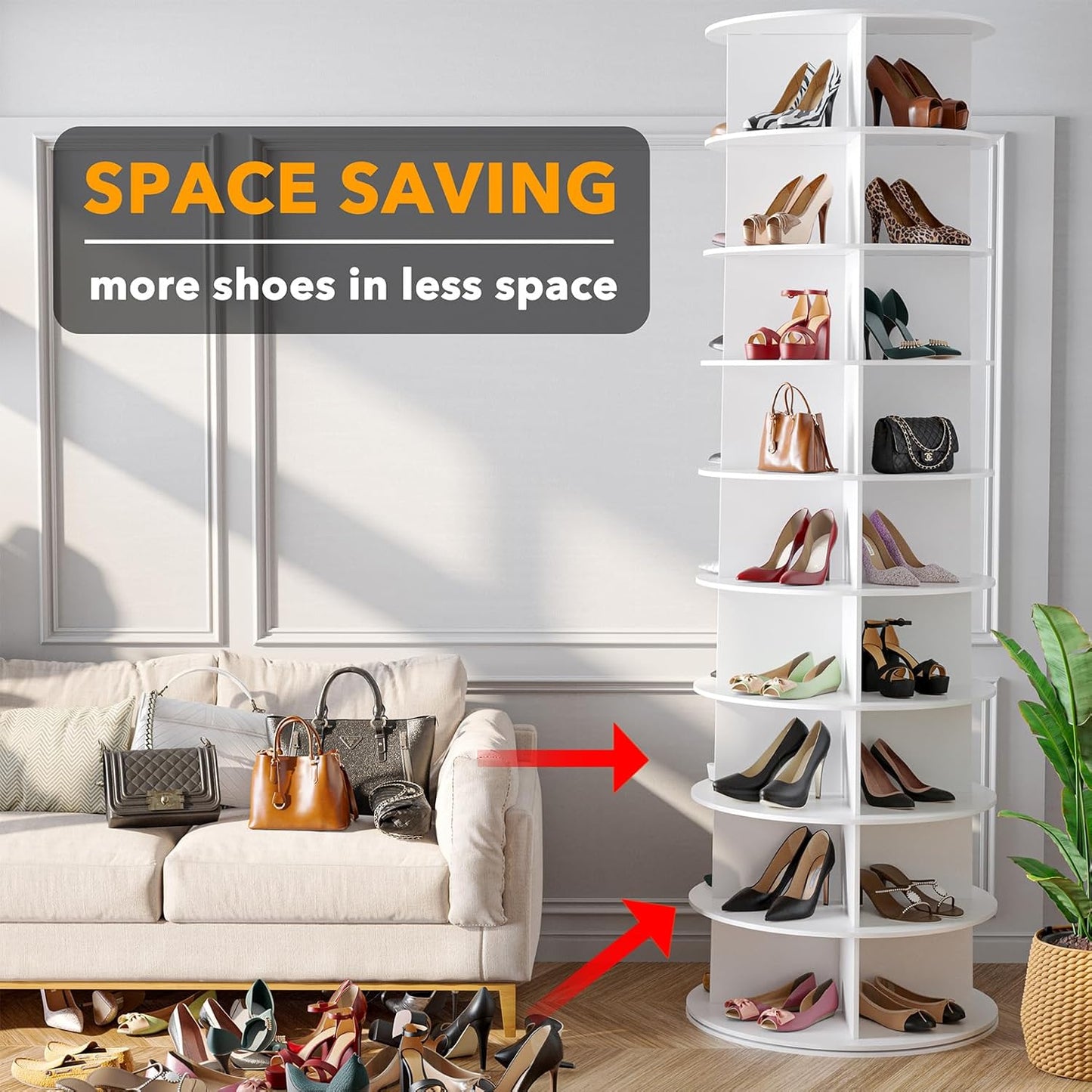 SpaceAid 9 Tier Rotating Shoe Rack Tower, Spinning Shoe Display Lazy Susan, Revolving 360 Shoe Rack Storage Round Carousel, Vertical Handbag Rotate Shoes Closet Organization (9-Tier White)