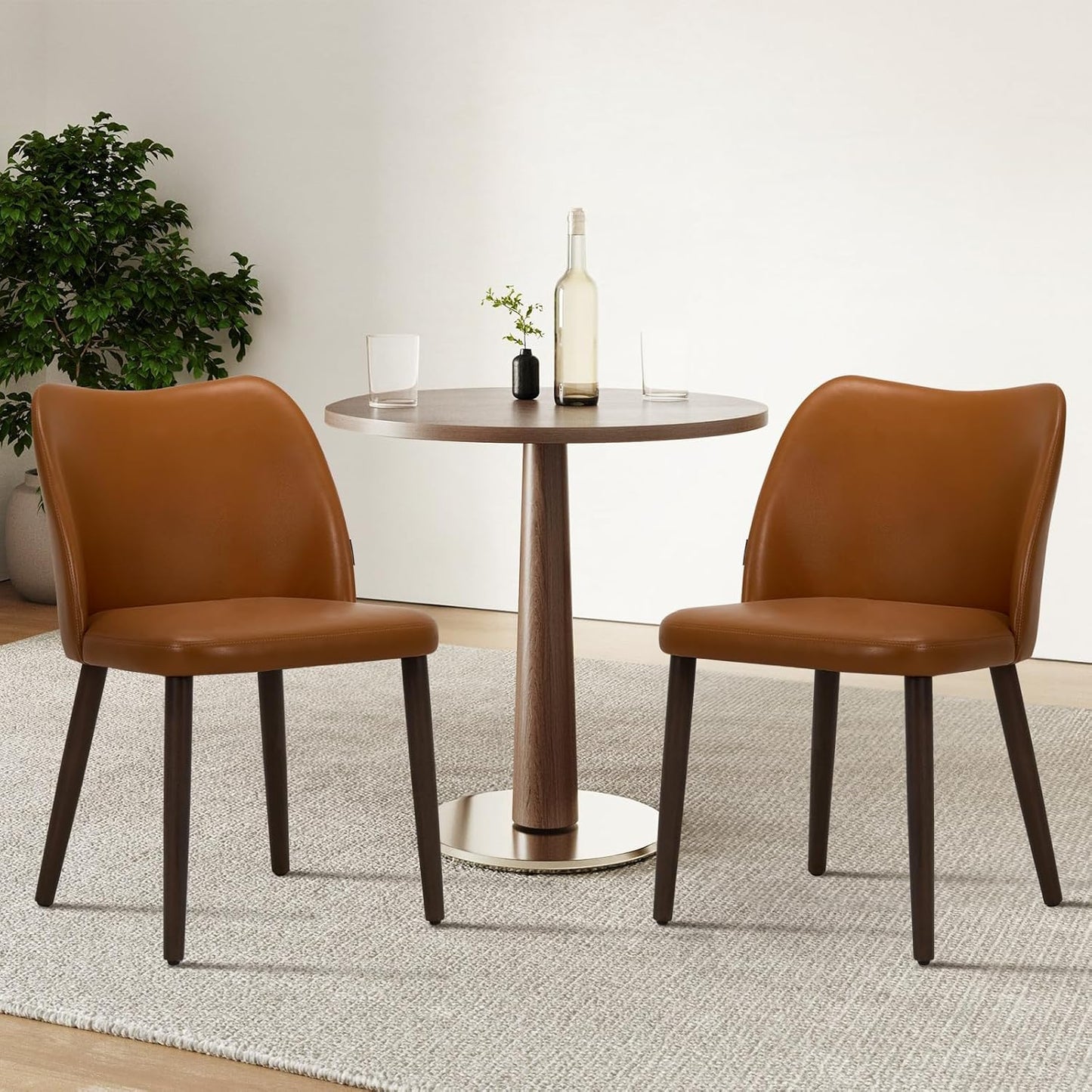 COLAMY Upholstered Dining Chairs Set of 2, PU Leather Dining Room Kitchen Side Chair with Padded Seat and Wood Legs Restaurant/Cafe,Light Brown