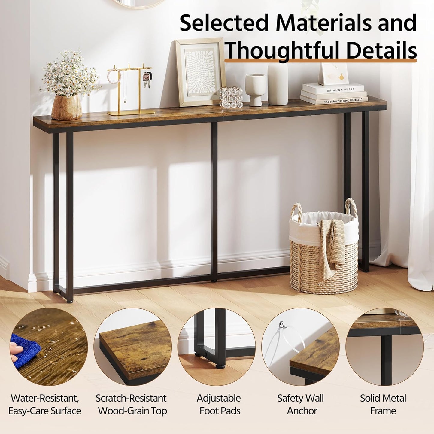 Yaheetech Narrow Console Table with Sturdy Metal Frame, 71 Inch Extra Long Entryway Sofa Table for Behind Couch, Hallway, Living Room, Rustic Brown