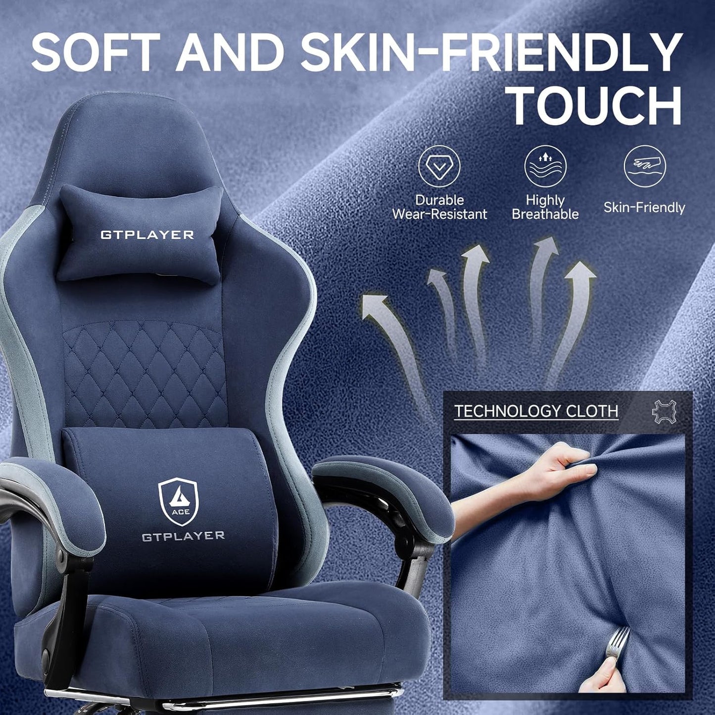 GTPLAYER Office Chair, Gaming Computer Desk Fabric Chair with Footrest, High Back Ergonomic Office Chair with Pocket Spring Lumbar Support and Linkage Armrests Adjustable Height Swivel for Home Task