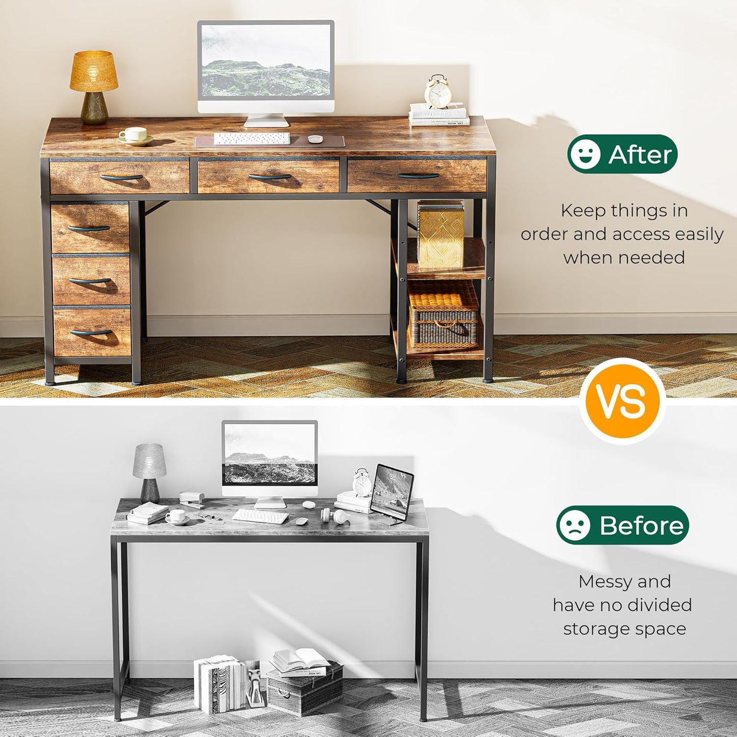 Huuger Computer Desk with 6 Drawers, 47 Inch Office Desk with Shelves, Reversible Gaming Desk, Corner Desk with Storage, Work for Home Office, Study, Living Room, Rustic Brown