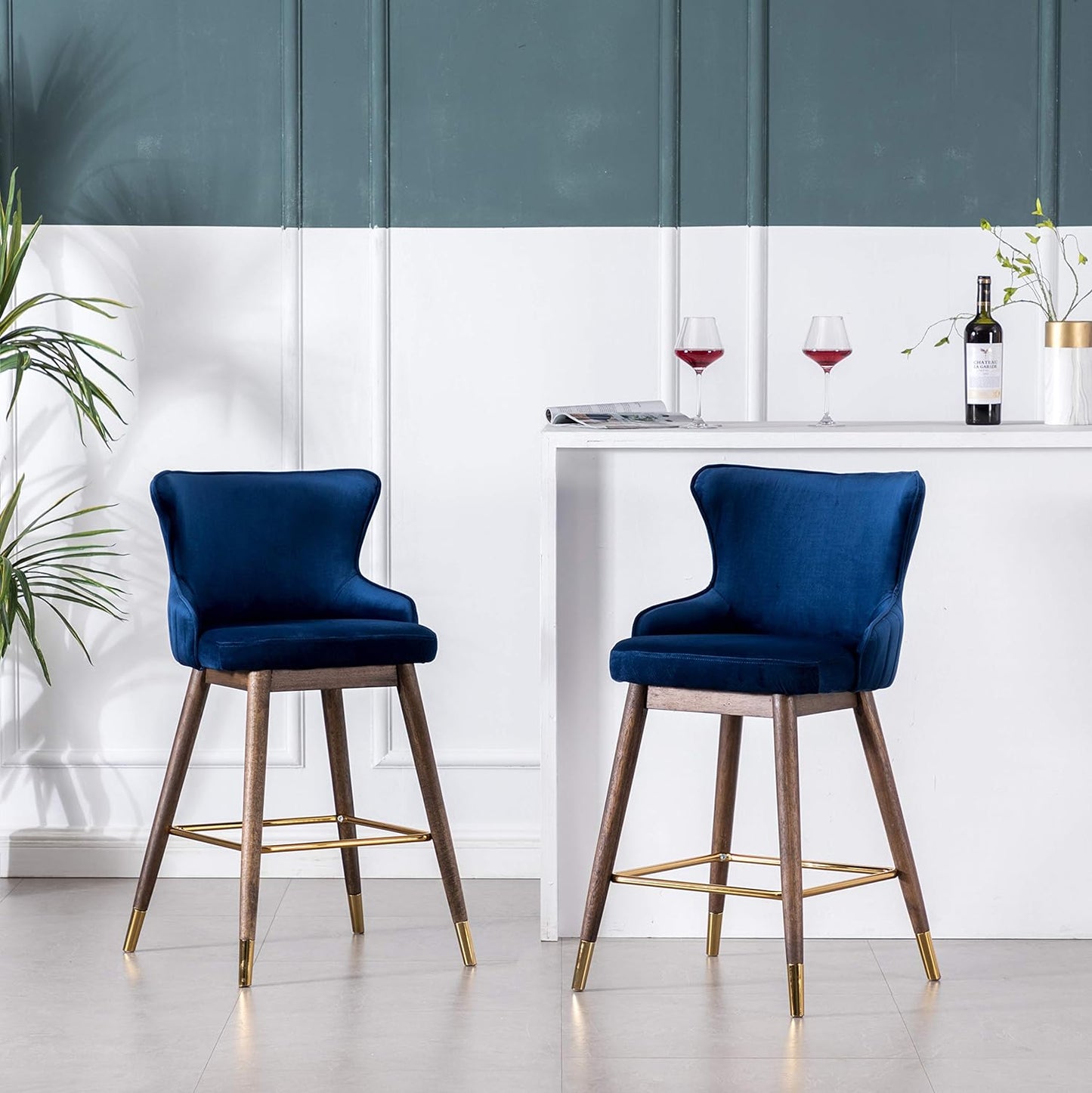 Roundhill Furniture Leland Fabric Upholstered Counter Height Wingback Stools, Set of 2, Blue