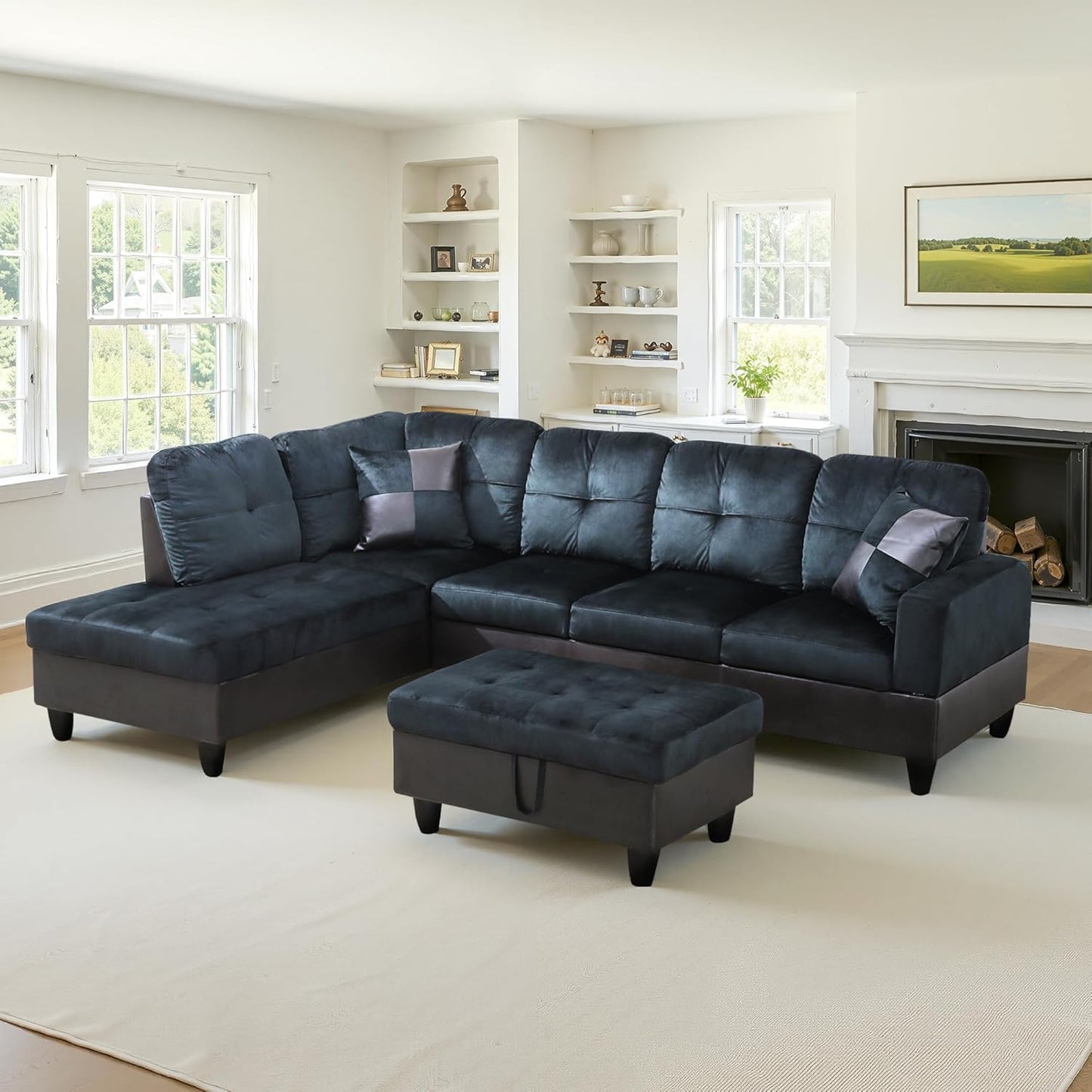 NicBex Sectional Couch 3 Pieces Sofa Set with Right Chaise Lint PVC L Shaped Cloud Couch for Living Room Furniture Sets with Storage Ottoman, Modular Sofa for Living Room & Apartment, Dark Blue+Brown