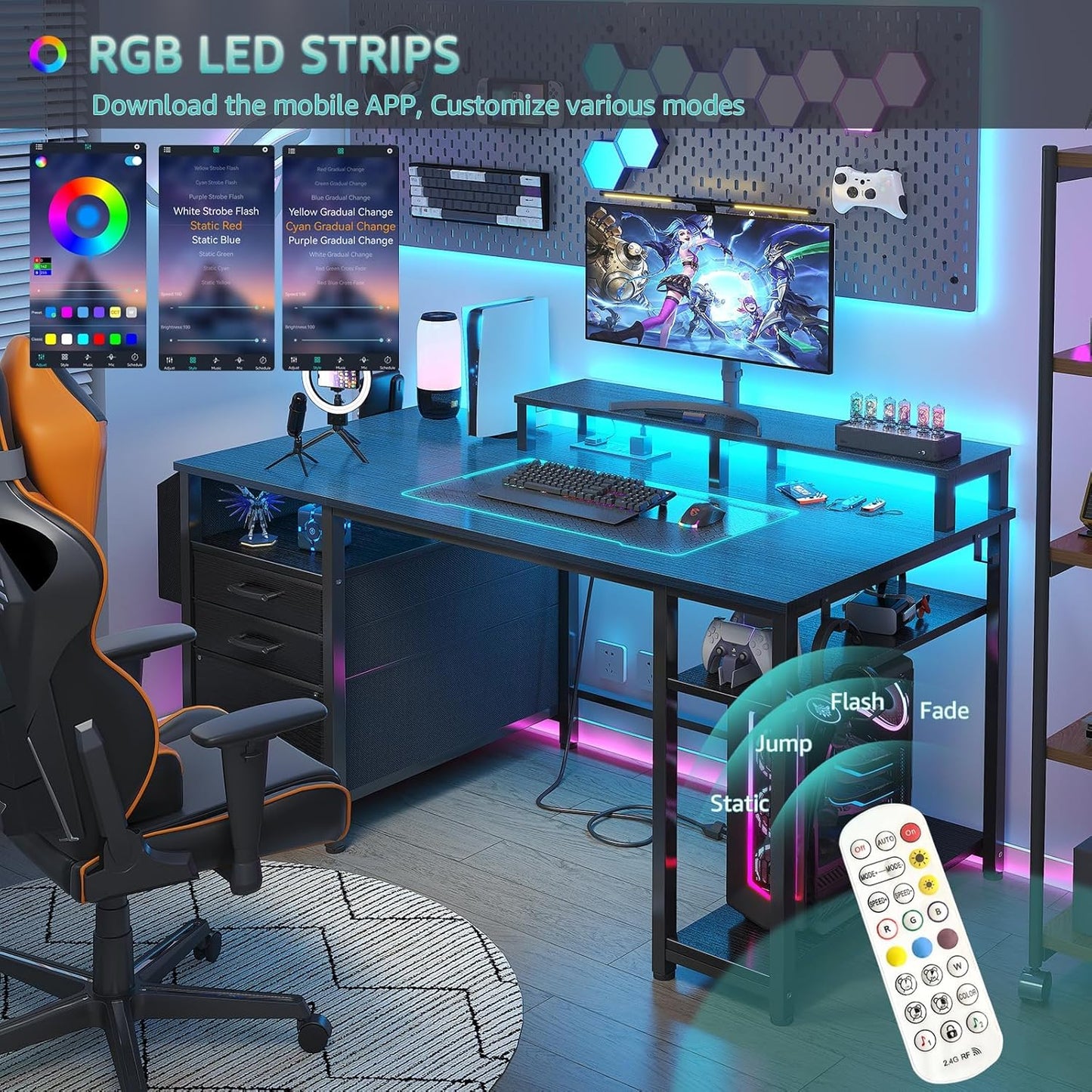 Lufeiya Gaming Desks with Led Lights and Power Outlets, 55 Inch Computer Desk with File Drawers Cabinet, Home Office Desk with Shelves Monitor Stand, Black