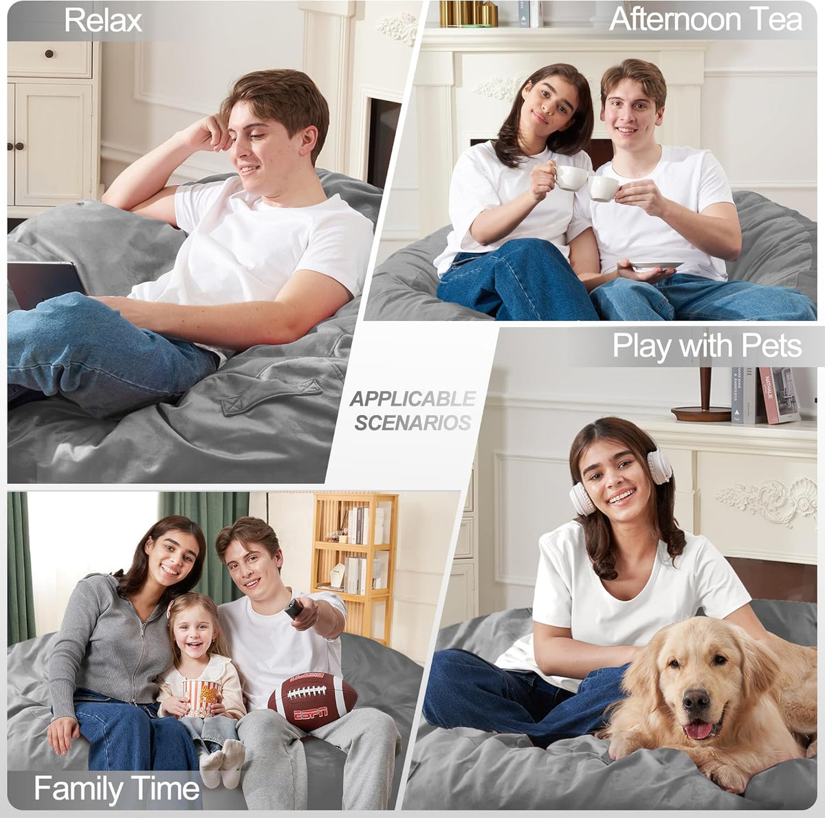 Homguava 3FT Bean Bag Chair: 3' Bean Bags with Memory Foam Filled, Large Beanbag Chairs Soft Sofa with Dutch Velet Cover-Light Grey