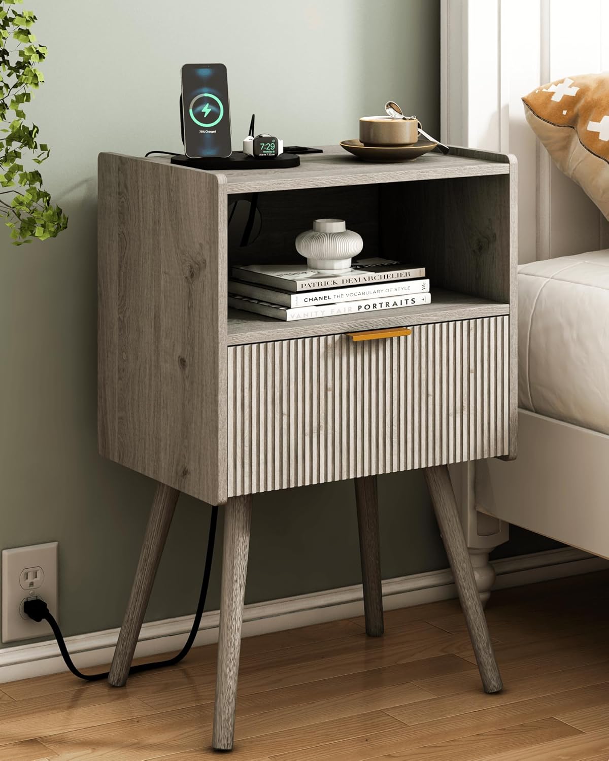 Nightstand with Outlet,Modern Bedside Table with Storage Drawer and Open Wood Shelf, for Living Room, Bedroom and Small Spaces, Accent Night Stand with Solid Wood Legs, Easy Assembly,Grey Oak