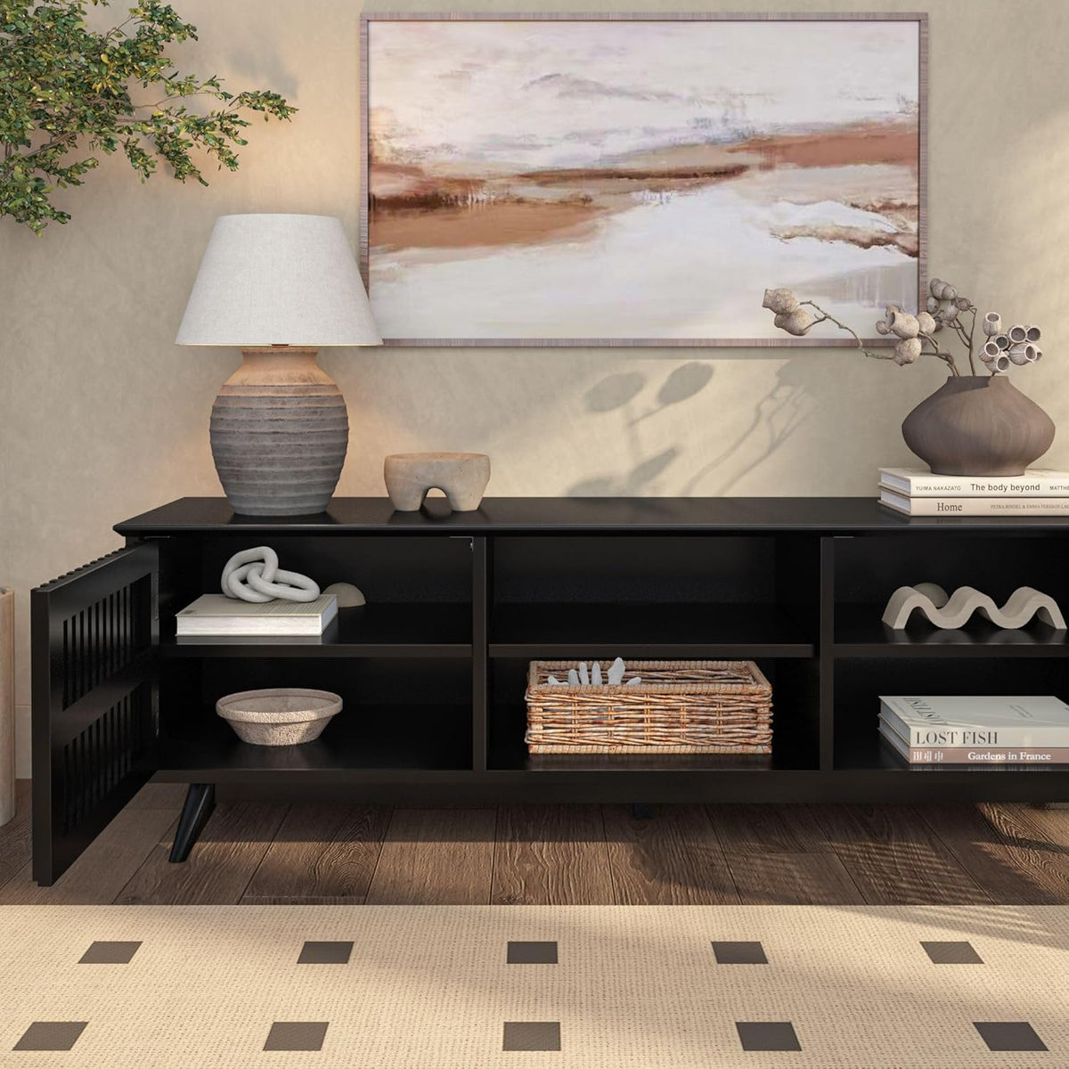 Plank+Beam Mid-Century Modern Wood TV Stand, Solid Wood Entertainment Console with Storage, 59" L x 16" W x 19" H, Black