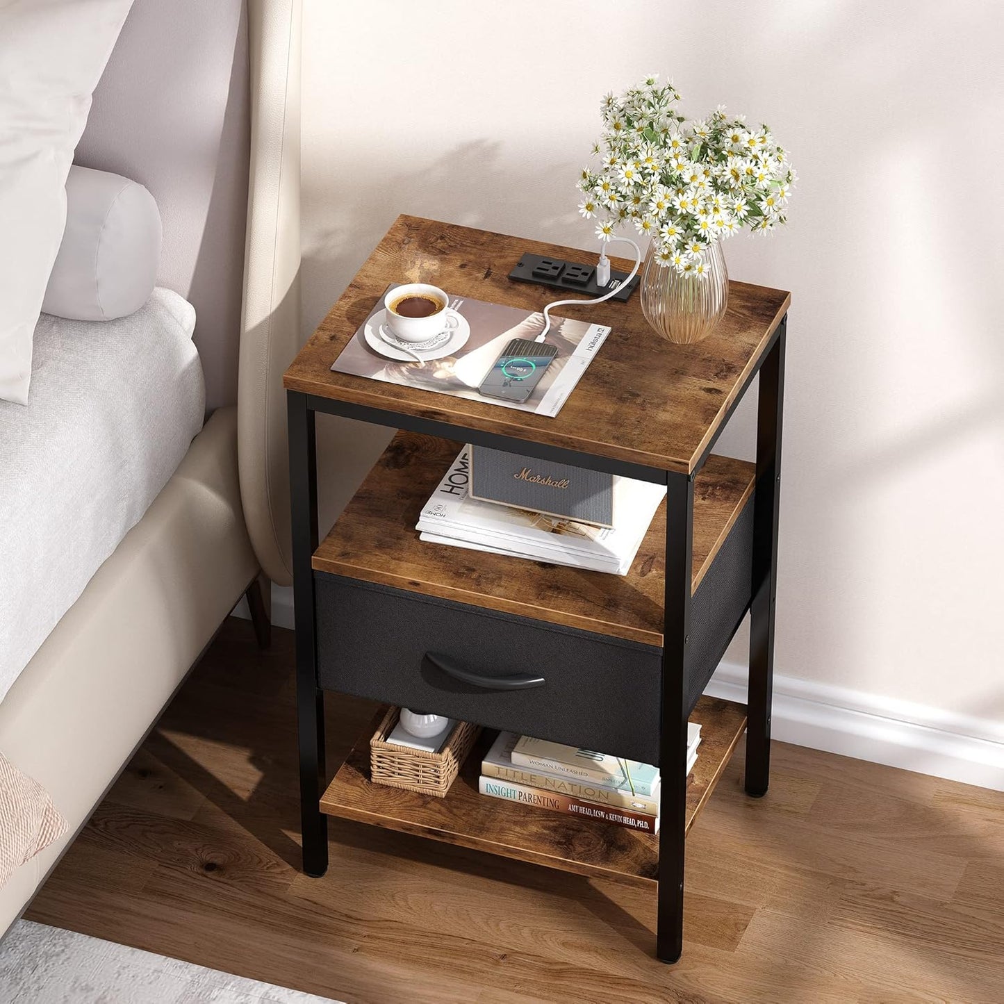 SUPERJARE Nightstand Set of 2, Bed Side Tables with Charging Station, Adjustable Fabric Drawer, Night Stand for Bedroom, 3-Tier Storage End Tables, for Living Room, Rustic Brown and Black