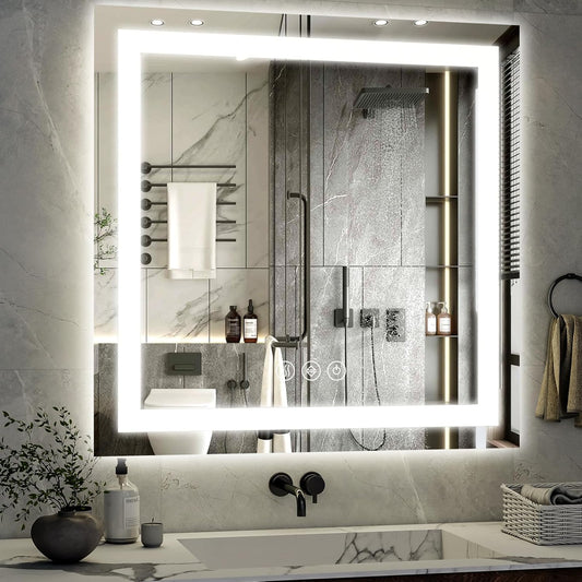 47"x 47" LED Bathroom Mirror, Backlit + Front Lit, LED Bathroom Mirror with Lights for Wall, 3 Colors, Anti-Fog, Dimmable Brightness, Memory Function, Tempered Glass