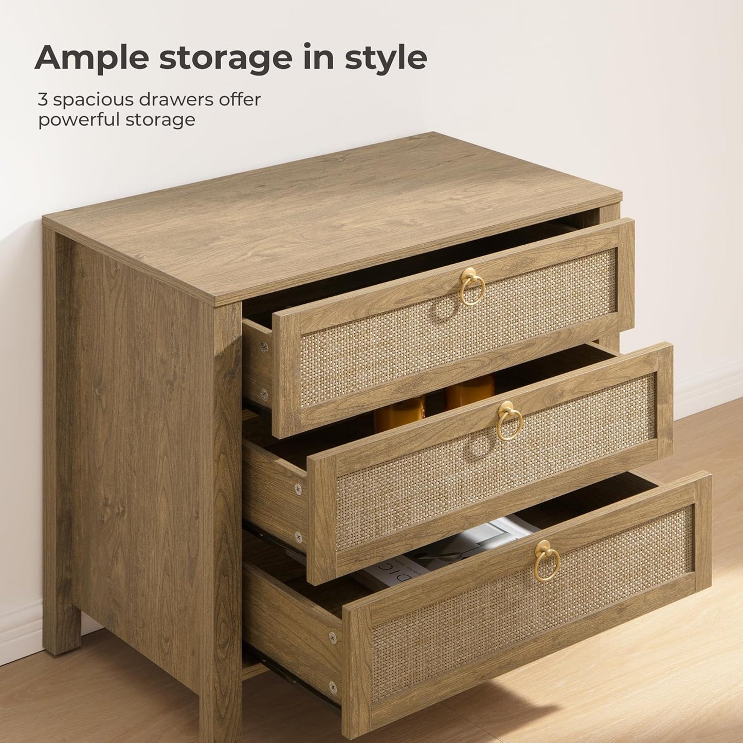 SICOTAS Nightstand Set 2 with Drawers - Large Rattan Bedside Table with Golden Handle, 3 Drawers Night Stand Tall End Table 26.78" Wide Side Table Boho Nightstand for Bedroom