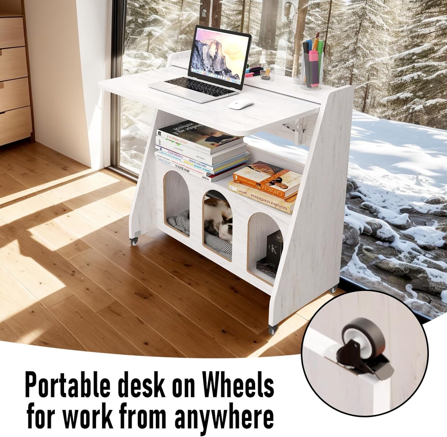 Pmnianhua Farmhouse Portable Desk on Wheels,Mobile Workstation,Rolling Computer Desk with Wheels and Storage for Home Office Small Space(White)