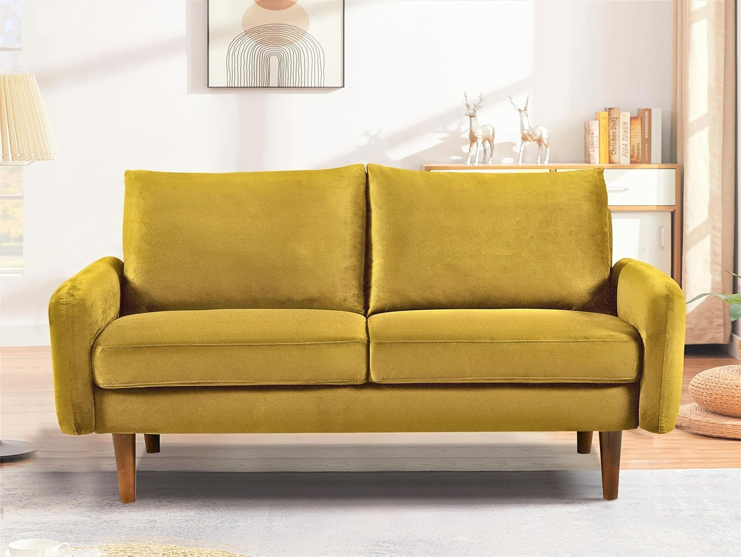 Container Furniture Direct Kent Velvet Loveseat Sofa for Modern Living Rooms and Compact Spaces, Comfy 2 Seater Couch Studio Apartment Furniture with Sleek Design, Greenish Yellow
