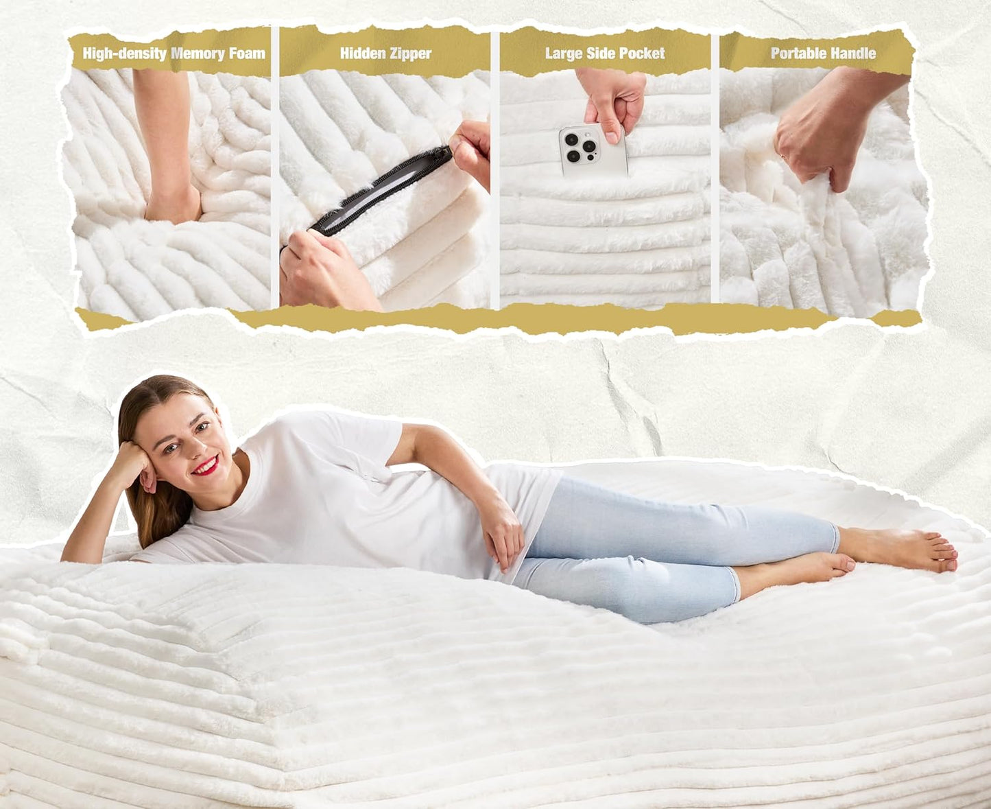 Hobestluk 6FT Bean Bag Chairs Adult Bean Bag with Portable Handle Comfy Large Bean Bag Lounge Chair with Removable Cover for Living Room Bedroom (Stripe White, 6FT)