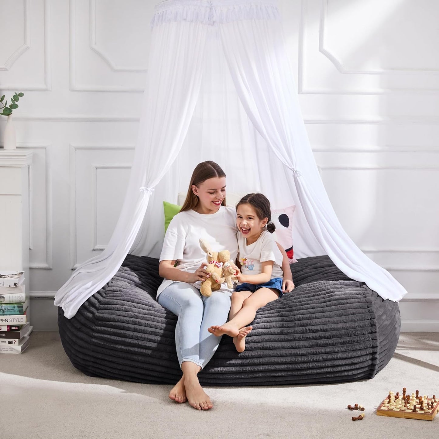 Hobestluk 4FT Bean Bag Chairs Adult Bean Bag with Portable Handle Comfy Large Bean Bag Chair with Removable Cover for Living Room Bedroom or Reading Nook (Stripe Dark Grey, 4FT)