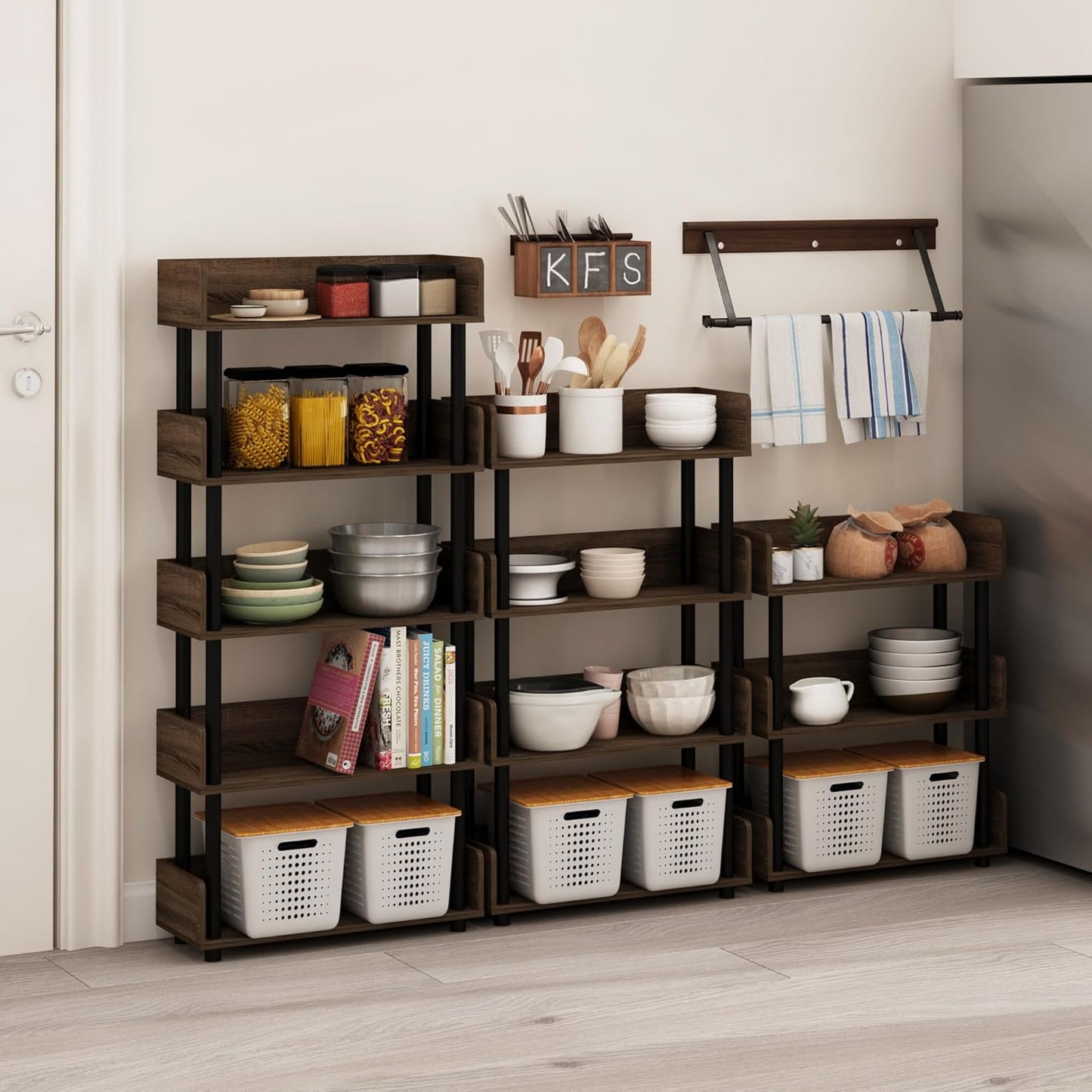 Furinno Turn-N-Tube 3-Tier Multipurposes Display Rack, Open Shelf Rack/Storage with Back & Side Panel, Walnut