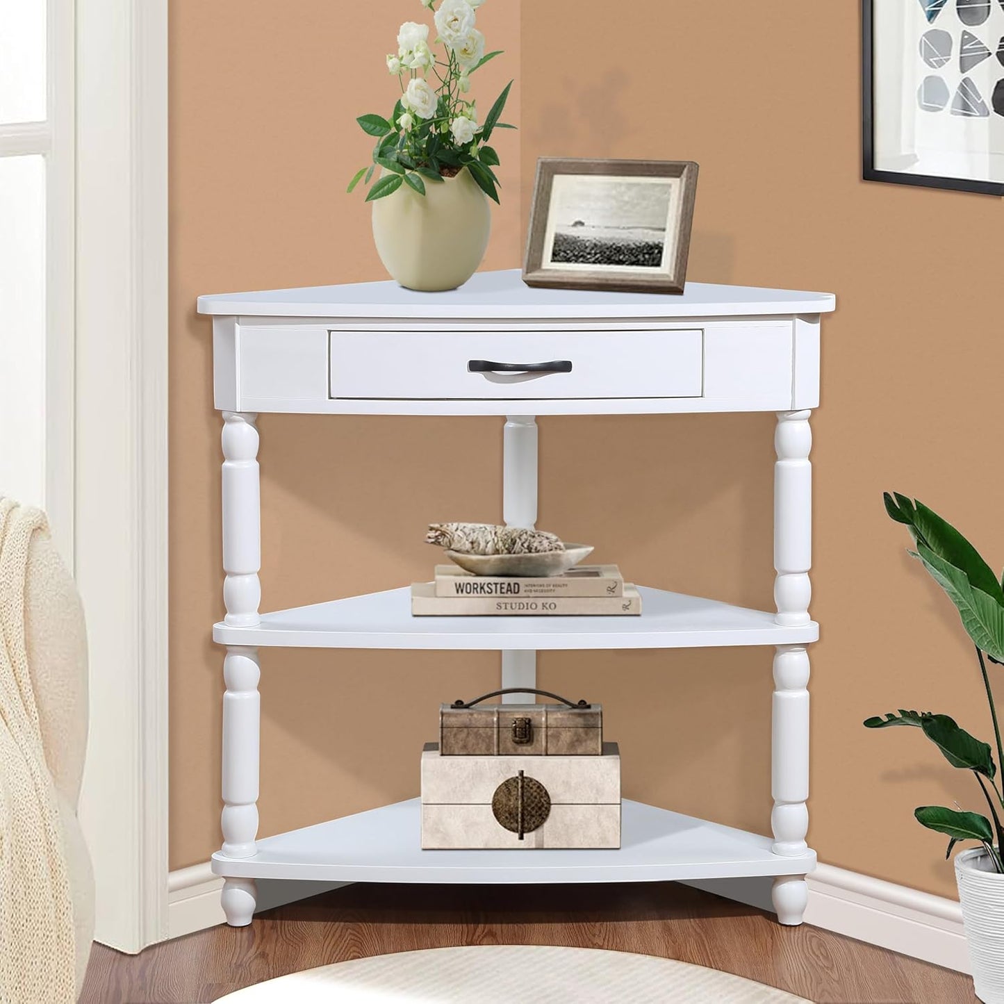 GDFStudio Trmxmbi 3 Tier Corner Console Table with 1 Storage Drawers and Shelves, 33.8'' Rustic Wood Triangle Sofa End Table for Small Spaces, Solid Wood Legs, Milk White