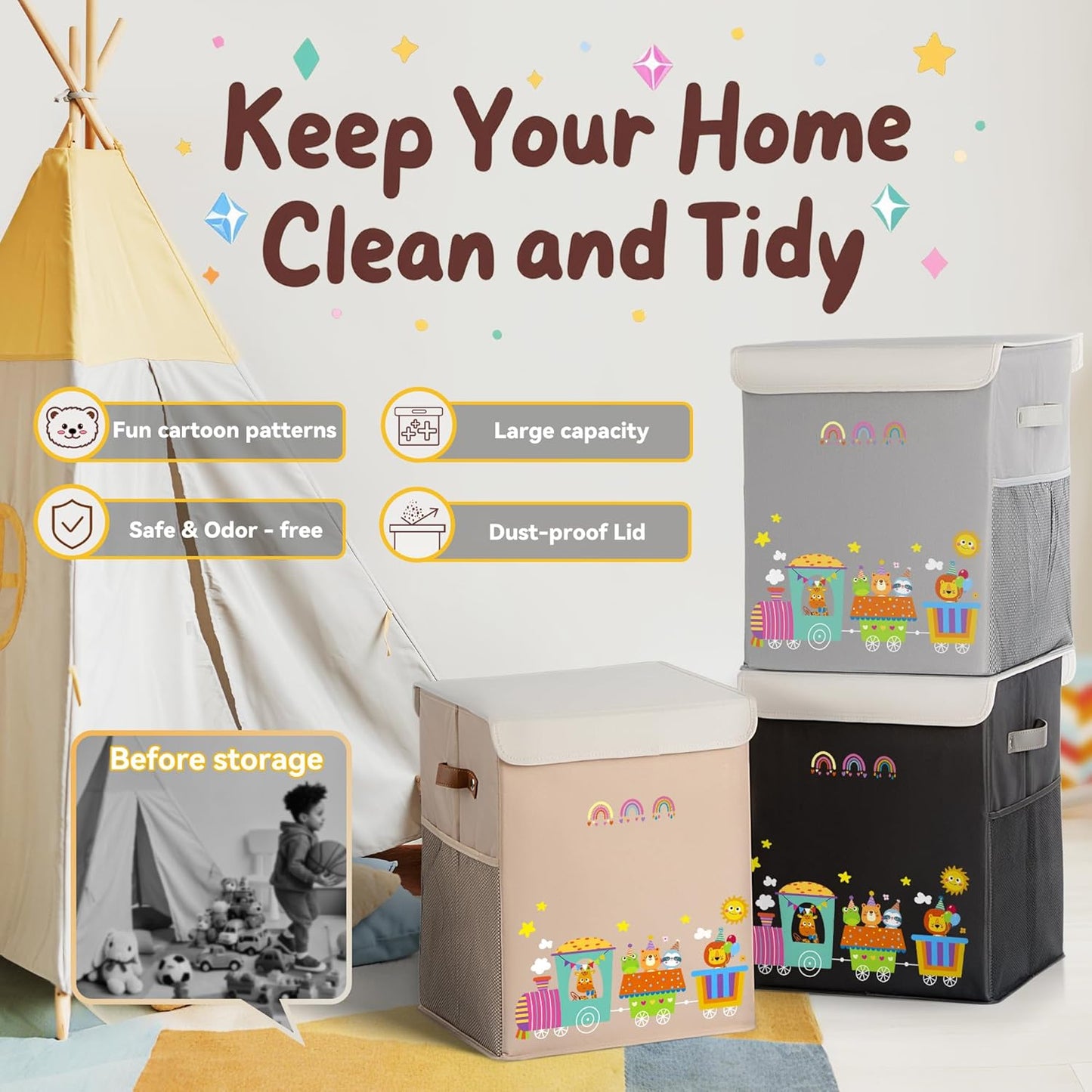 40L Large Toy Storage Box with Lid, Large Toy Box Chest for Kids, Girls and Boys, Nursery Room and Living Room, 13"x13" x16" (black-train)