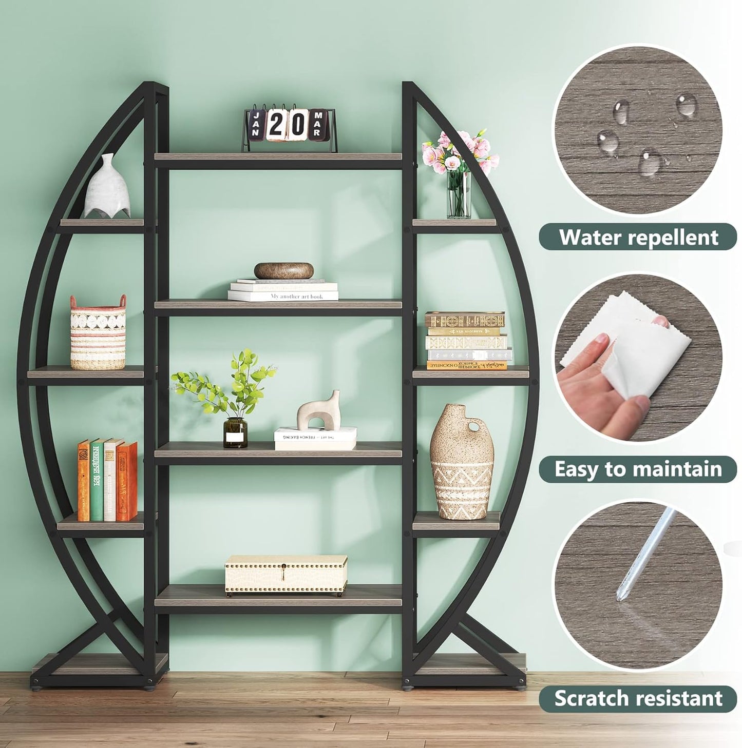 Tribesigns Oval Bookshelf, Triple Wide 5 Tier Etagere Bookcases, Industrial Display Shelves for Living Room (Gray, 55")