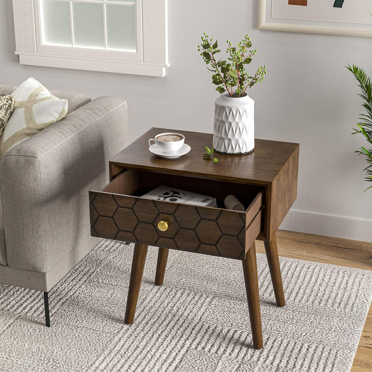 COSIEST Mid-Century Nightstand, Modern MDF Bedside Table, Accent Wood End Table with One Storage Drawer for Bedroom Living Room(Brown,2 Pieces)