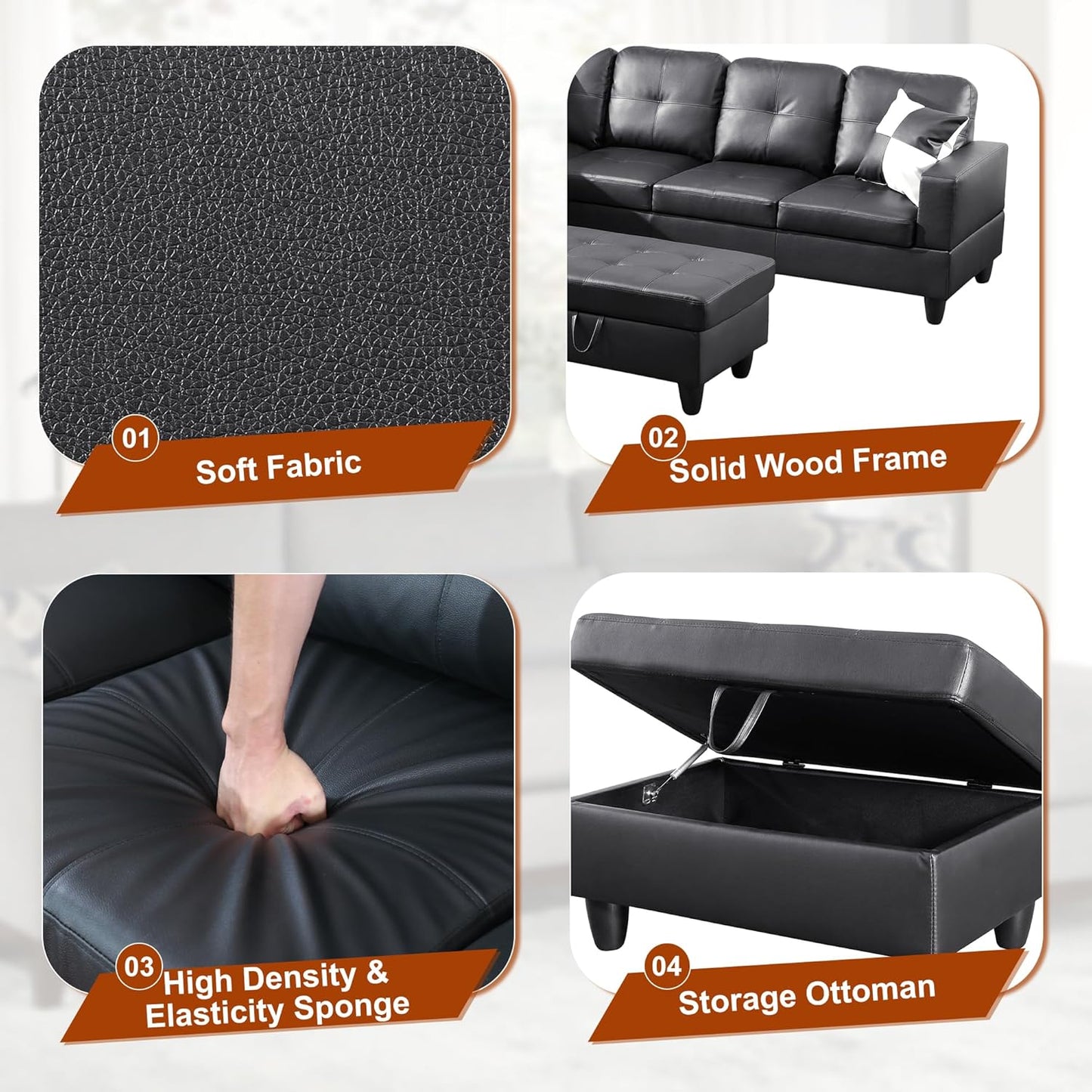 Osparple L Shaped Couch Faux Leather Sectional Couches for Living Room Upholstered 3 Pieces Modular Sectional Sofa with Chaise, Ottoman with Storage for Living Room and Small Apartment, Black