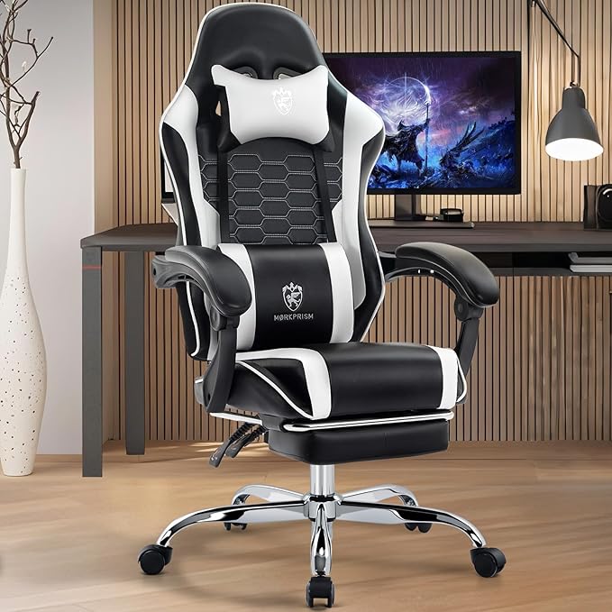 Gaming Chair,Computer Office Chair with Footrest,Massage Lumbar Support and Gel Pad,Ergonomic Reclining Adjustable Leather Gamer Chair with Headrest and Spring Cushion Black White