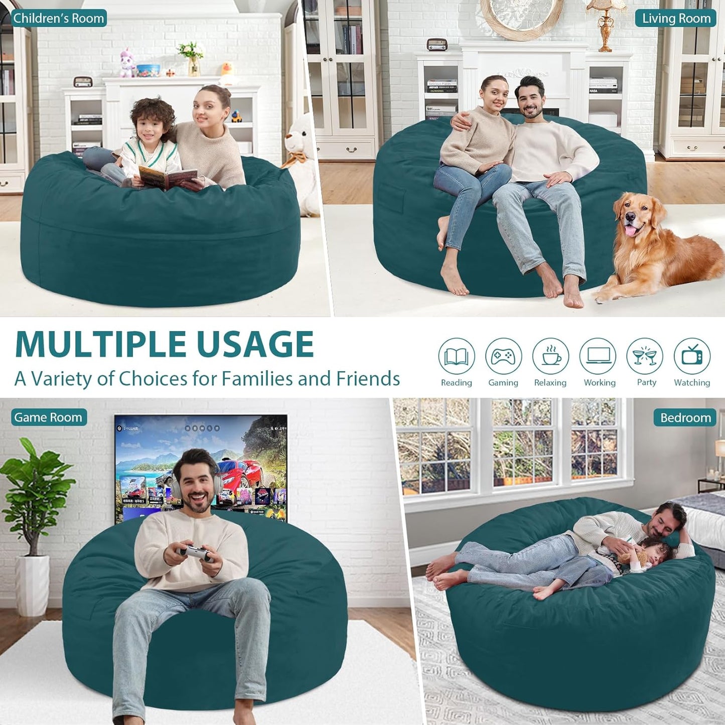 4FT Bean Bag Chair, Large Bean Bag Chairs with Memory Foam Filled, Fluffy Beanbag Sofa with Dutch Velvet Cover, Round BeanBag Chairs for Living Room, Playroom - Sea Blue
