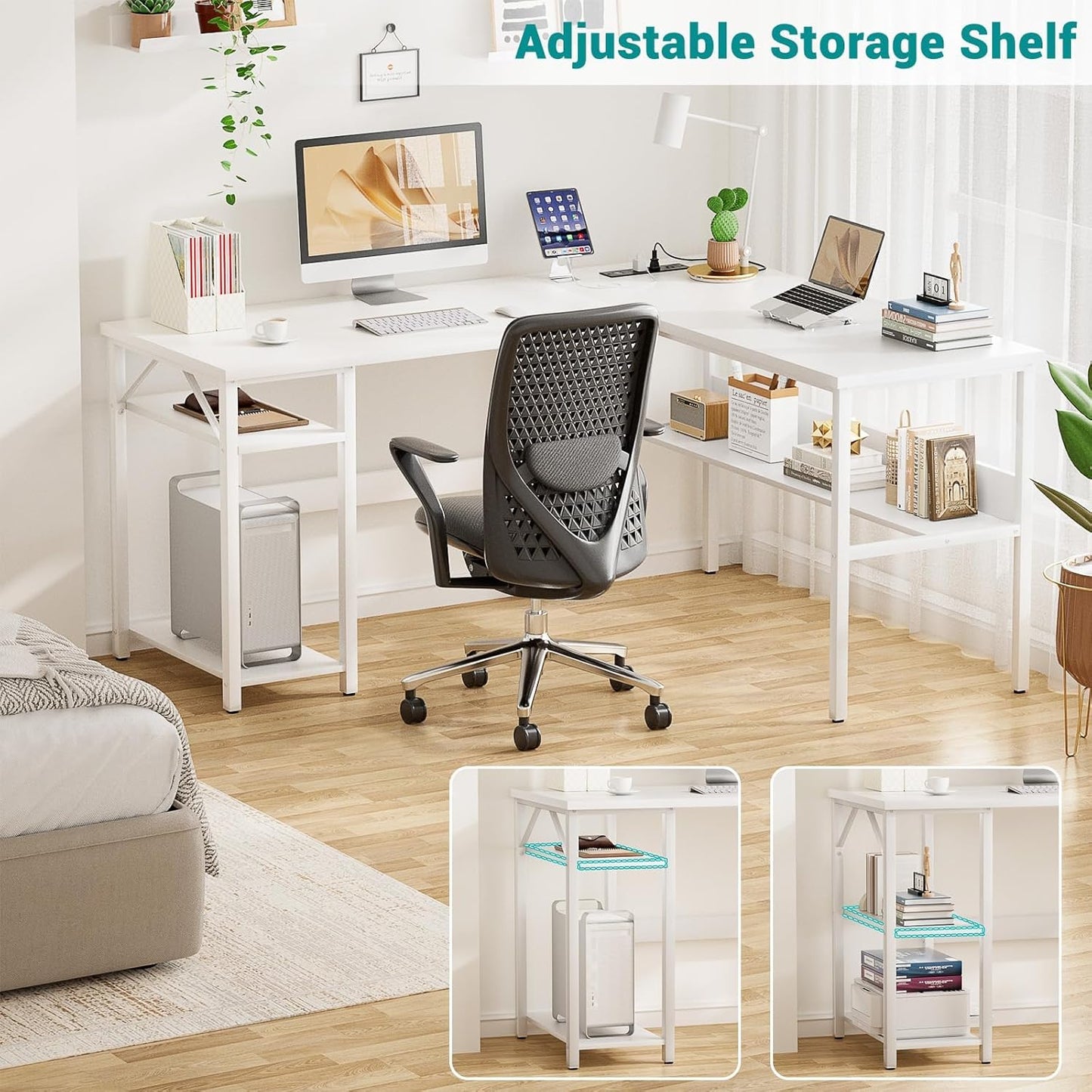 Reversible L Shaped Gaming Desk with Power Outlets and USB Charging Ports, Sturdy Computer Desks with Storage Shelf, Modern Corner Desk Home Office Table, Easy to Assemble, White