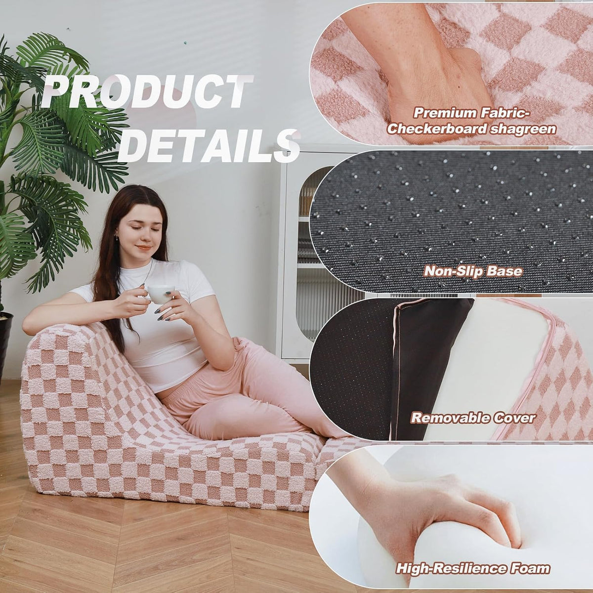 Bean Bag Chair with Checkerboard Shaker Fleece Fabric, Folding Sofa Bed, Floor Sleeper Lounge Chair, Lazy Sofa for Living Room, Bedroom, Apartments (Iceberry Pink)