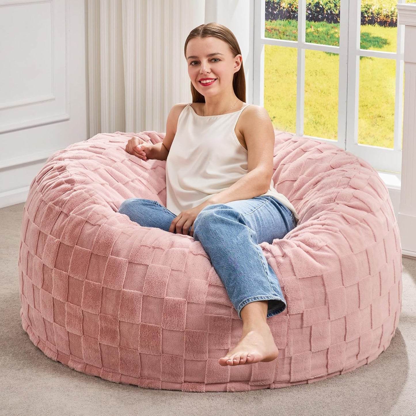 Hobestluk Bean Bag Chairs Beanbag Chair with Filler Adult Bean Bags with Fluffy Plaid Cover, Giant Bean Bag Chairs for Adults for Living Room, Bedroom (Pink, 3FT - 36” x 36” x 22”)